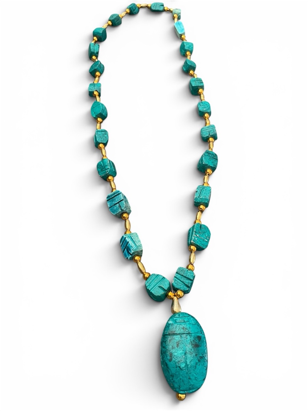 1970’s Turquoise Beaded Faience/Dyed Alabaster Scarab Pendant Necklace
